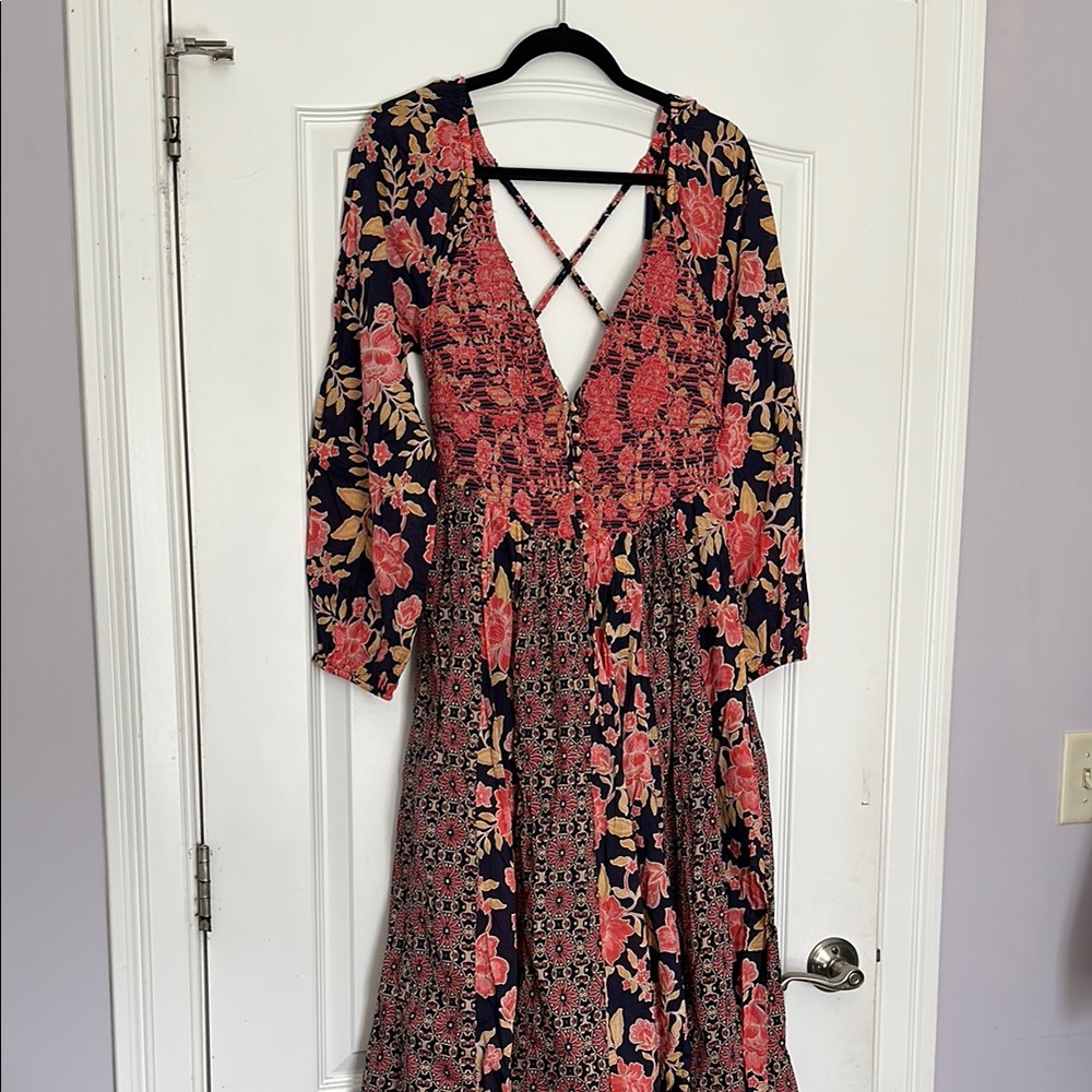 Free People Navy Floral Long Sleeve Maxi Dress with Coral and Tan Accents
